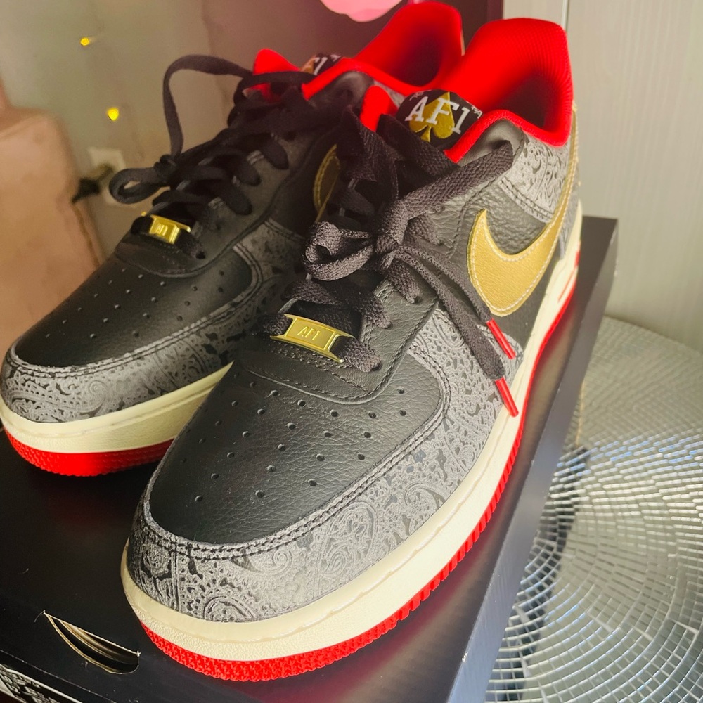Nike Air Force 1 Black and Gold with Red Accents - Picture 3 of 7